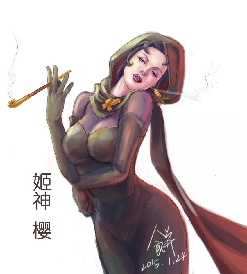 1girl, ace_attorney, black_dress, black_gloves, black_hair, breasts, brooch, butterfly_brooch