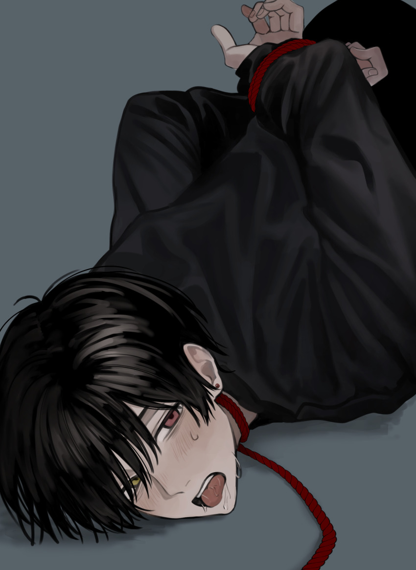 1boy, akanei6no_sora, arms_behind_back, black_hair, black_jacket, black_pants, bound, bound_wrists