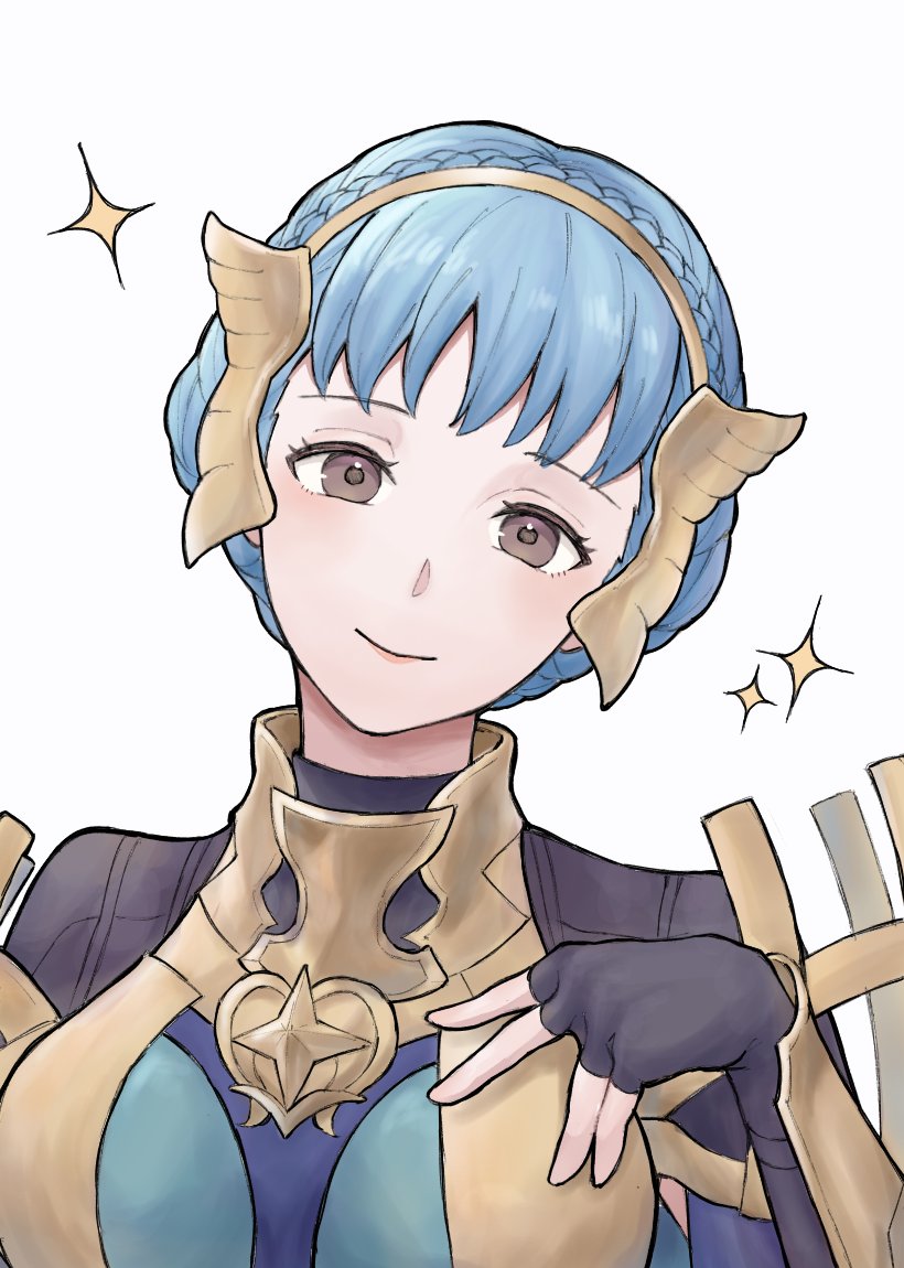 1girl, armor, black_gloves, blue_hair, boobplate, braid, breastplate, breasts