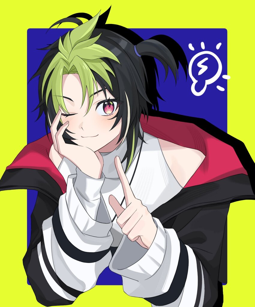 1boy, :3, ahoge, androgynous, bare_shoulders, black_hair, black_jacket, blush