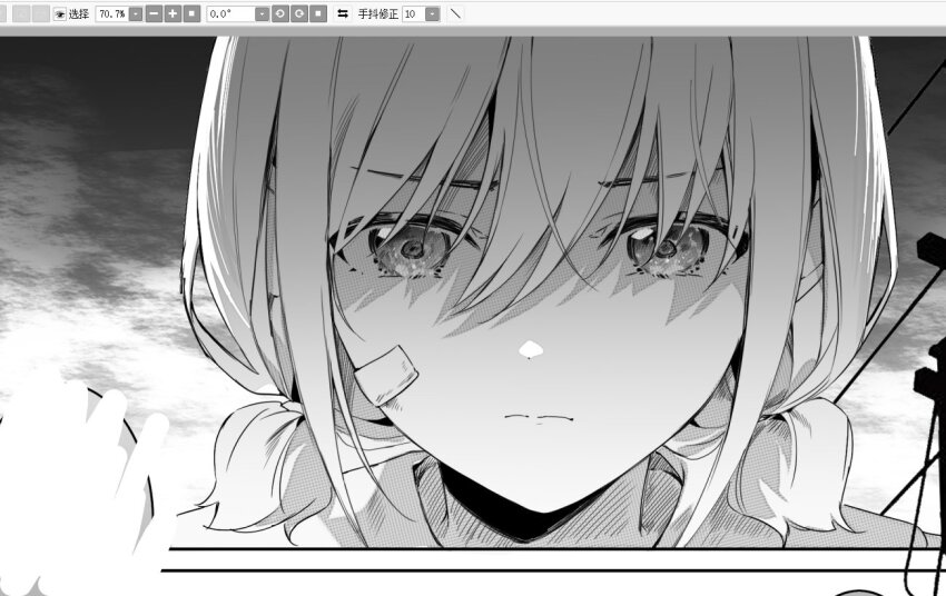 1girl, art_program_in_frame, art_program_request, bandaid, bandaid_on_face, closed_mouth, girls_band_cry, greyscale