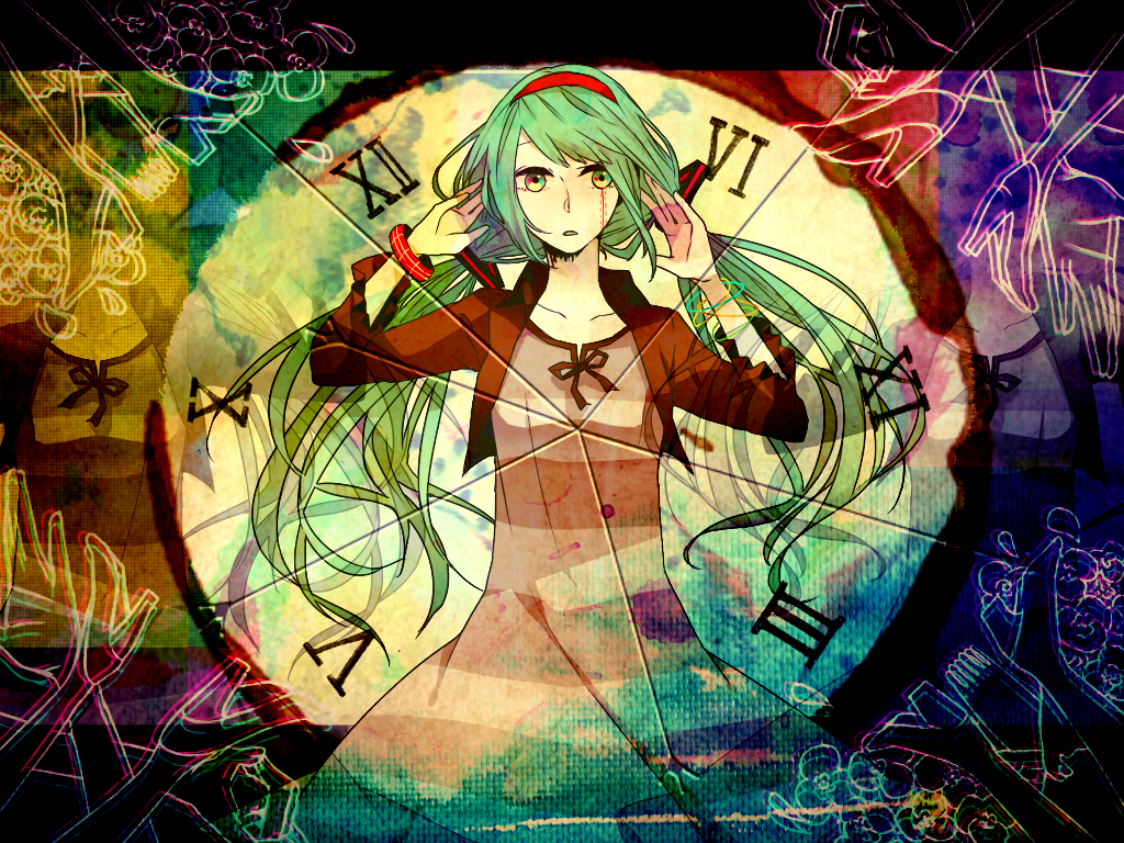 1girl, arms_up, bracelet, female_focus, green_eyes, green_hair, hatsune_miku, high_heels