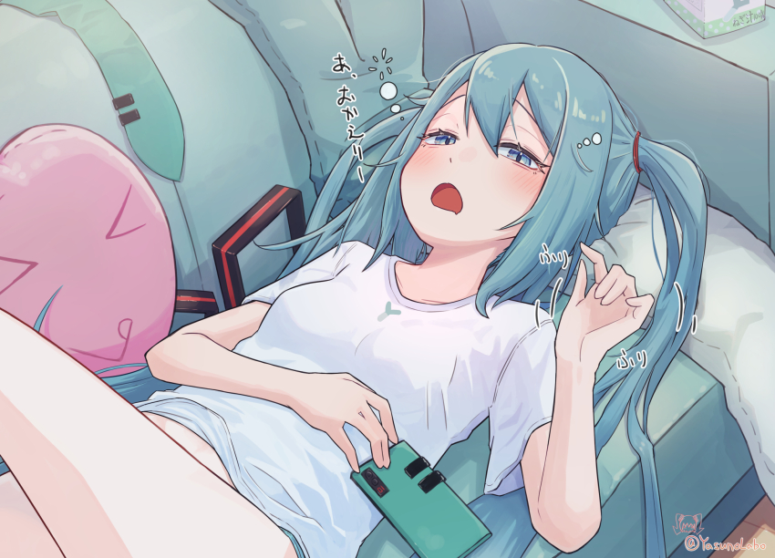 1girl, :o, aqua_eyes, aqua_hair, aqua_necktie, artist_name, blush, breasts