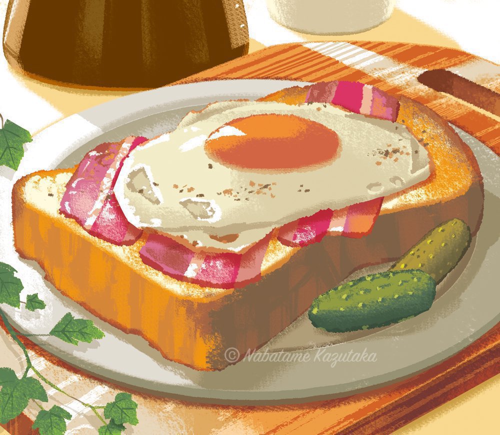 bacon, bread, bread_slice, commentary, cucumber, cutting_board, egg, egg_yolk