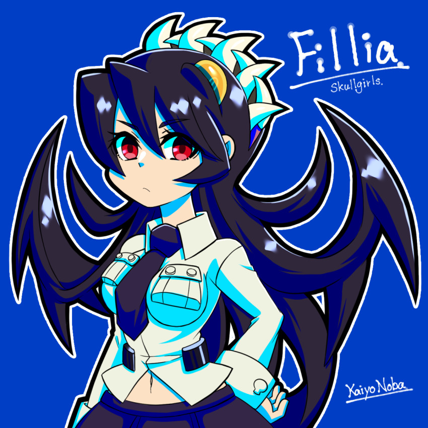 1girl, artist_name, black_necktie, black_skirt, blue_background, character_name, closed_mouth, collared_shirt, copyright_name, eyelashes, filia_(skullgirls), hair_between_eyes, highres, kaiyo_noba, living_hair, long_hair, looking_at_viewer, midriff_peek, navel, necktie, outline, red_eyes, shirt, skirt, skullgirls, solo, upper_body, very_long_hair, white_outline