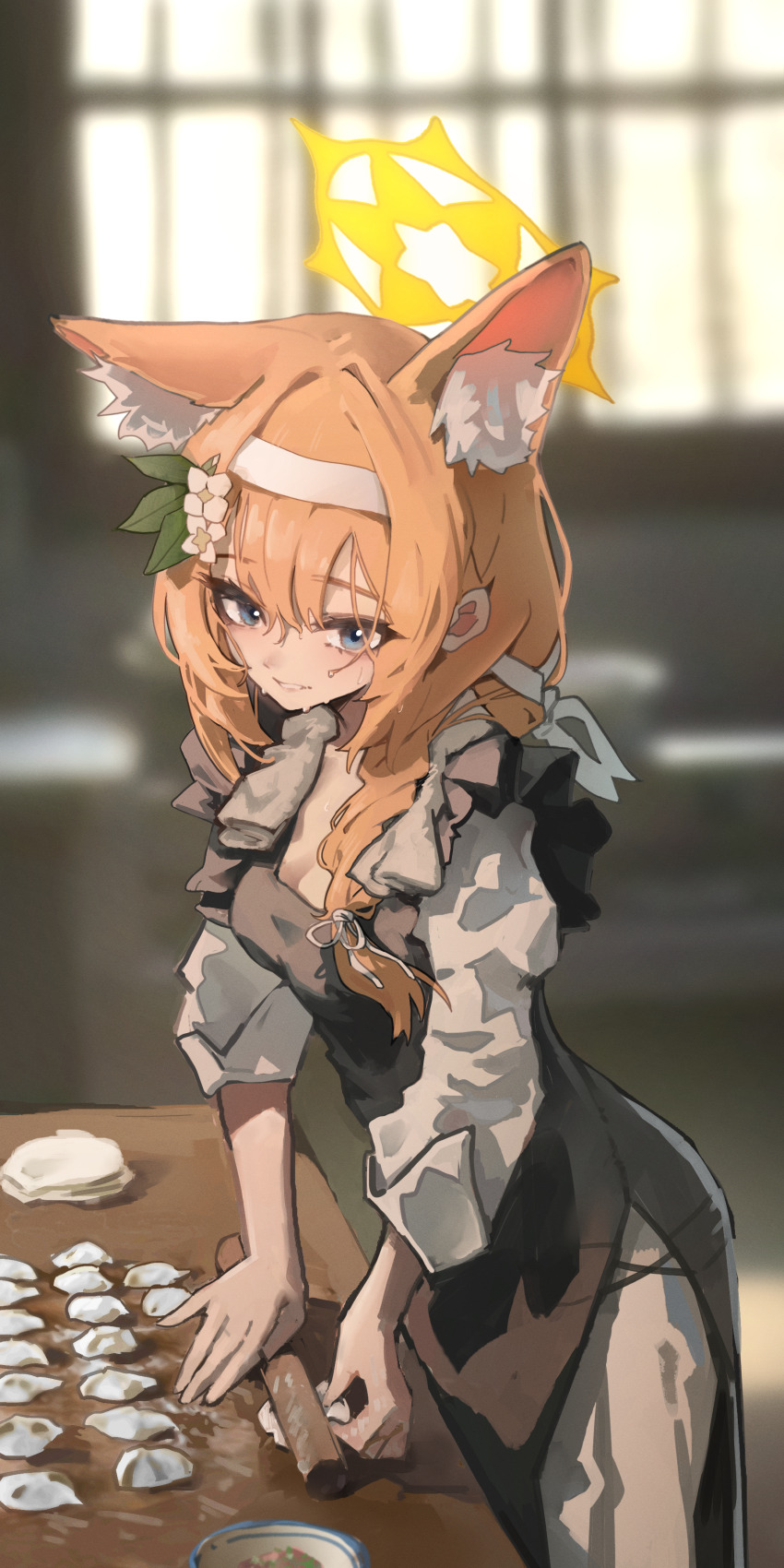 1girl, absurdres, animal_ear_fluff, animal_ears, apron, black_apron, blue_archive, blue_eyes, blush, breasts, cat_ears, cleavage, cooking, dress, flower, grey_dress, hair_flower, hair_ornament, halo, highres, holding_rolling_pin, indoors, light_brown_hair, looking_at_viewer, mari_(blue_archive), orange_hair, rescat, rolling_pin, small_breasts, solo, sweat