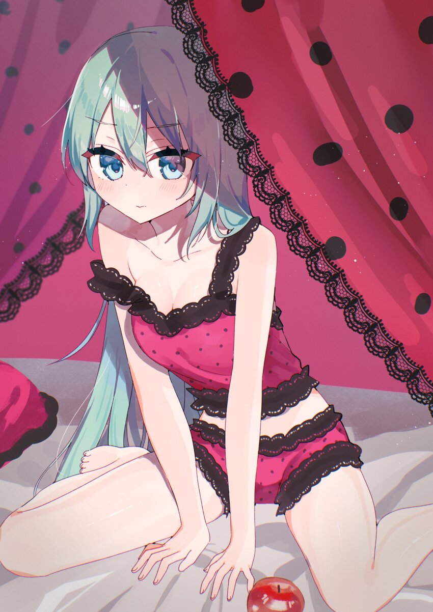 apple, bare_legs, barefoot, bed, bed_sheet, bedroom, blue_eyes, blue_hair