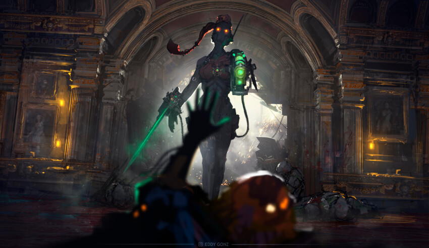 1boy, 1girl, artist_name, assassin, assassination, black_bodysuit, bodysuit, callidus_assassin, eddygonzlezdvila, glowing, glowing_eyes, glowing_sword, glowing_weapon, highres, instagram_logo, instagram_username, long_hair, officio_assassinorum, ponytail, power_sword, reaching, reaching_towards_another, red_eyes, red_hair, skull, skull_ornament, warhammer_40k, weapon