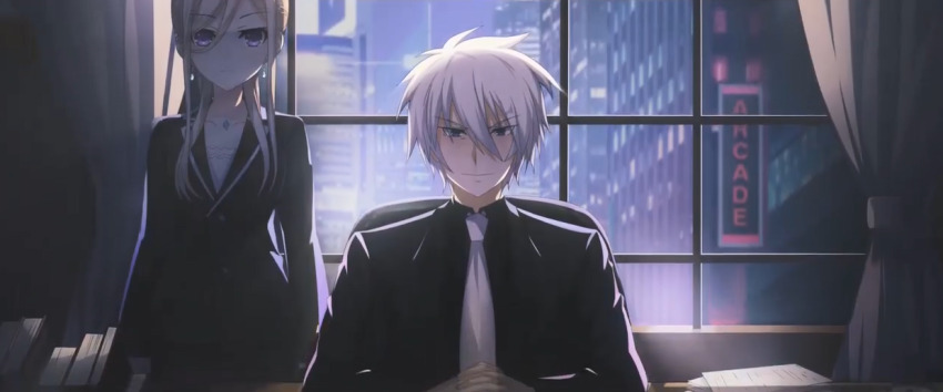 1boy, 1girl, black_suit, blonde_hair, book, building, business_suit, closed_mouth