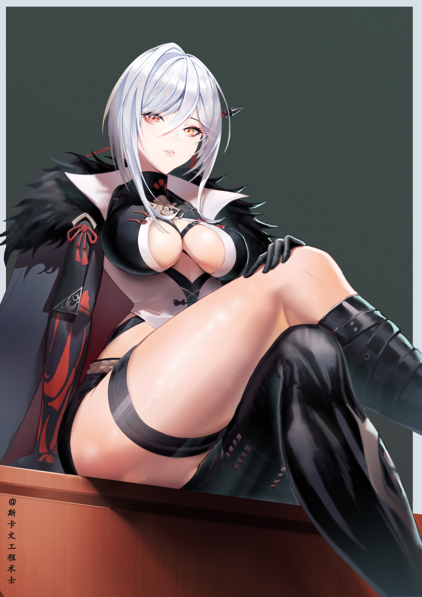 1girl, absurdres, alpha:_crimson_weave_(tsubaki)_(pgr), alpha_(pgr), asymmetrical_clothes, black_jacket, black_shorts, breasts, center_opening, chinese_commentary, commentary_request, crossed_legs, fur-trimmed_jacket, fur_trim, hair_ornament, hair_stick, hand_on_own_knee, heterochromia, highres, jacket, jacket_on_shoulders, large_breasts, looking_at_viewer, lpha:_crimson_weave_(tsubaki)_(pgr), parted_lips, punishing:_gray_raven, red_eyes, shorts, single_bare_shoulder, single_pantsleg, sitting, skaven_gongcheng_shushi, solo, thigh_strap, thighs, white_hair, yellow_eyes