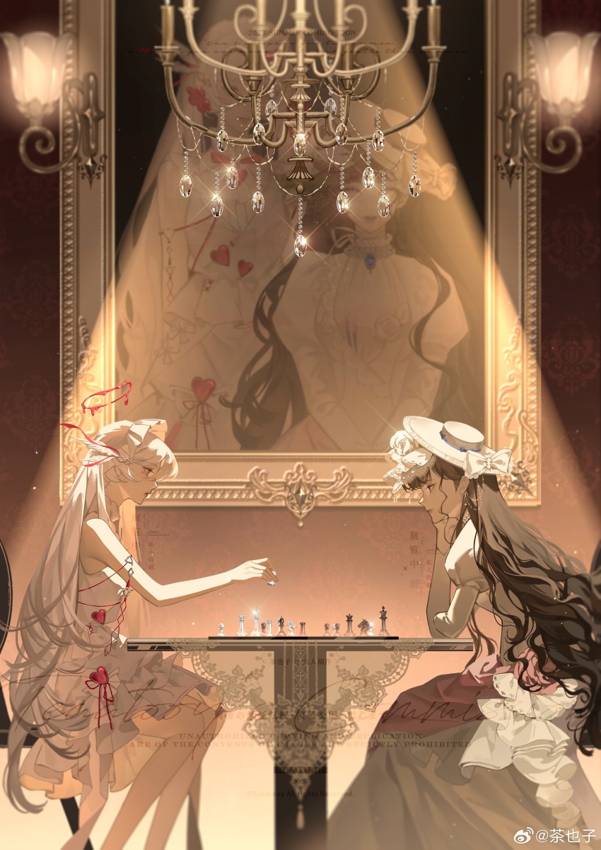 2girls, absurdres, bare_arms, black_hair, board_game, bow, cha_ye_zi, chess