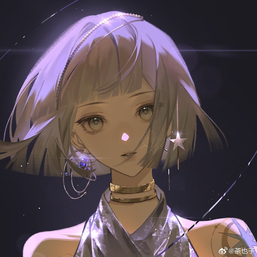 1girl, bare_shoulders, black_background, blunt_bangs, blunt_ends, bob_cut, cha_ye_zi, earrings