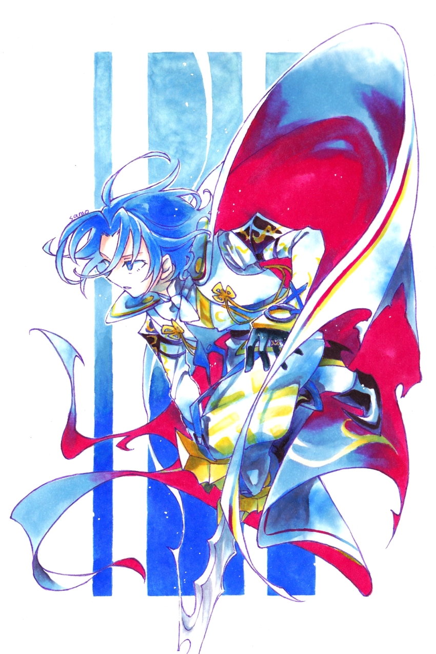 1boy, blue_eyes, blue_hair, cape, commentary, fire_emblem, fire_emblem_engage, highres
