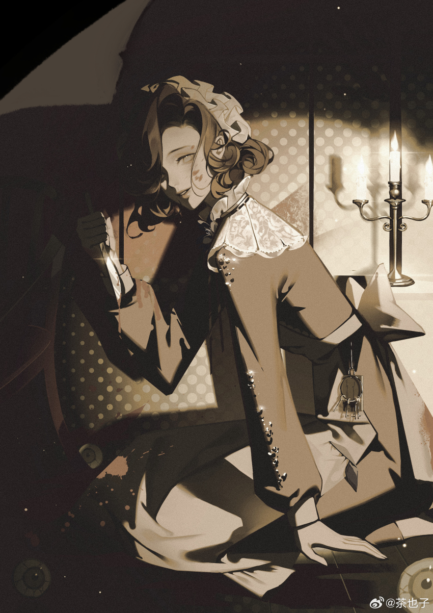 1girl, absurdres, apron, arm_support, blood, blood_on_face, bloody_weapon, candle