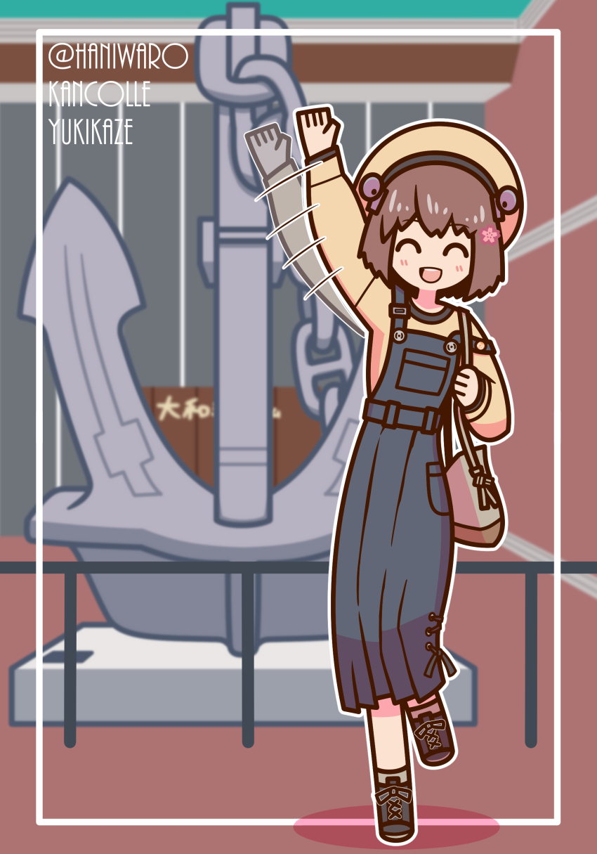 1girl, absurdres, afterimage, anchor, bag, brown_hair, brown_hat, brown_sweater