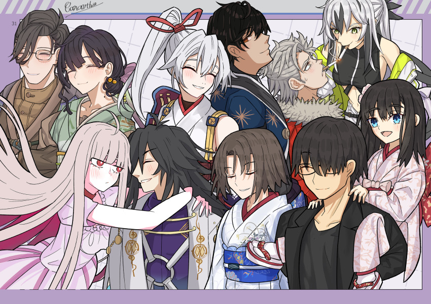 6+boys, 6+girls, bare_shoulders, black_hair, black_shirt, blush, brown_eyes, caravthir