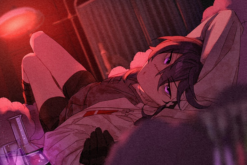 1boy, :o, aged_down, arm_up, beaker, black_gloves, black_shorts, blurry, blurry_foreground, boots, ceiling_light, coat, cross, dark, depth_of_field, dreonya, ensemble_stars!, film_grain, gloves, grey_shirt, hair_between_eyes, halloween_costume, infirmary, kanzaki_souma, knee_boots, knees_up, lying, male_focus, official_alternate_costume, on_back, privacy_screen, purple_eyes, purple_hair, red_light, shirt, shoe_belt, shorts, sidelocks, sleeves_past_fingers, sleeves_past_wrists, solo, stitched_face, stitches, v-neck, v-shaped_eyebrows, white_coat