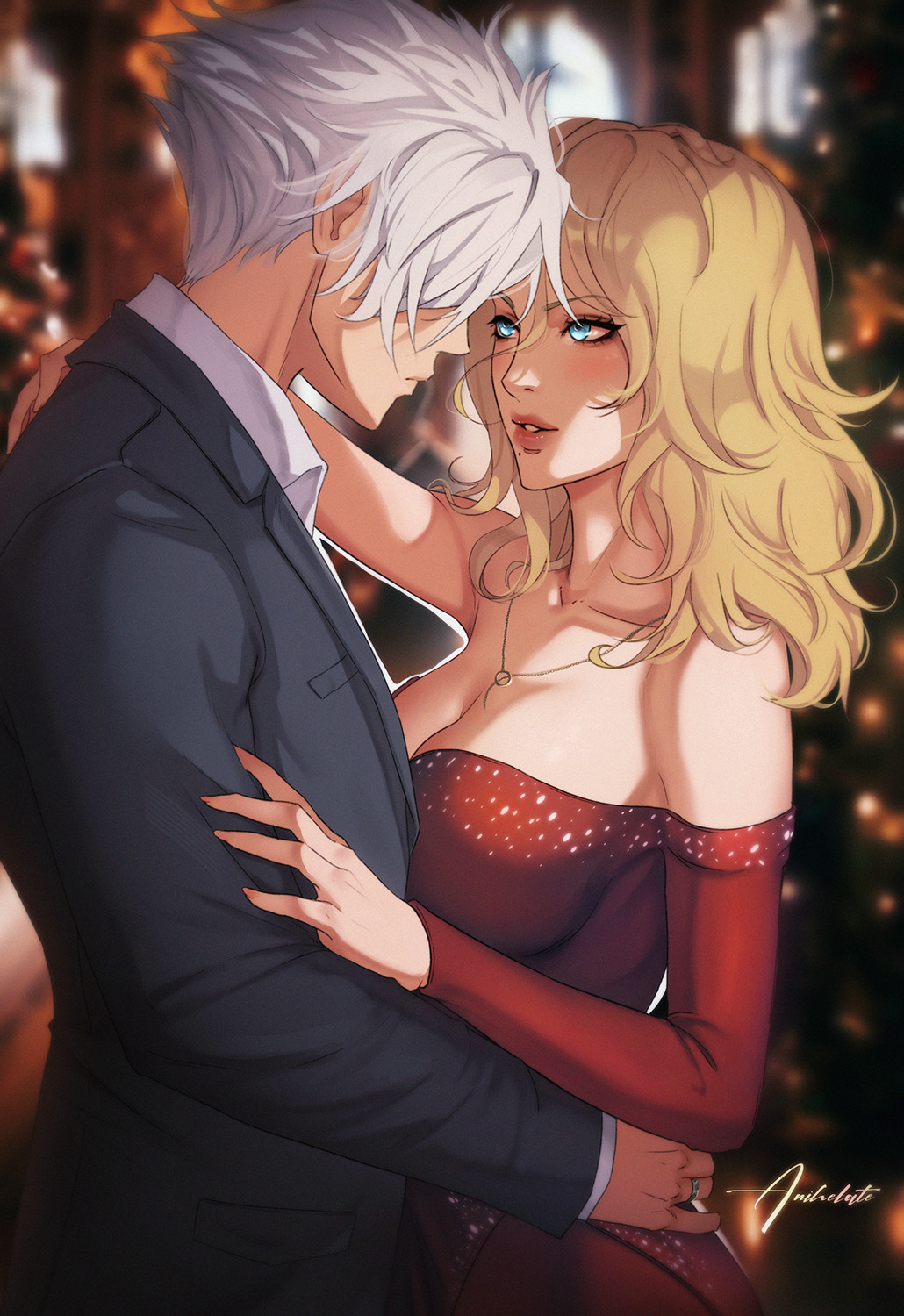 1boy, 1girl, anihelate, bare_shoulders, black_jacket, black_suit, bleach, blonde_hair, blue_eyes, blurry, blurry_background, breasts, christmas_tree, cleavage, collarbone, commentary, commission, detached_sleeves, dress, formal_clothes, hair_over_eyes, hand_on_another's_hip, highres, hitsugaya_toushirou, hitsugaya_toushirou_(adult), jacket, jewelry, large_breasts, matsumoto_rangiku, medium_hair, off_shoulder, parted_lips, red_dress, red_lips, ring, shirt, signature, strapless, strapless_dress, suit, white_hair, white_shirt