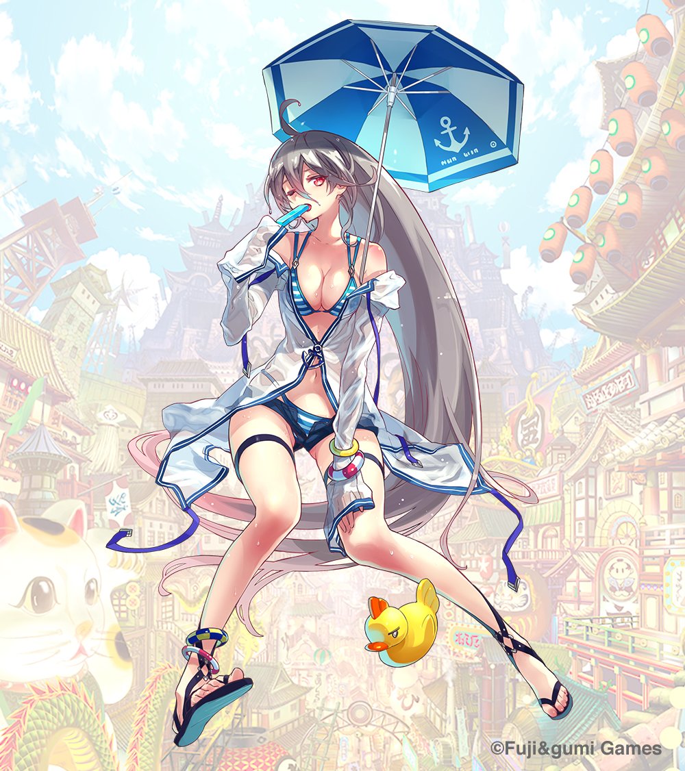 1girl, absurdly_long_hair, ahoge, anchor_symbol, anklet, bangle, bikini, bikini_bottom_under_shorts