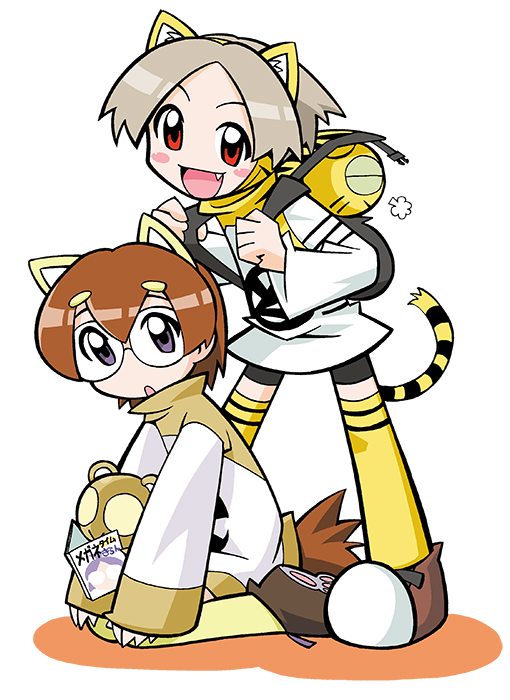 animal, animal_ear_fluff, animal_ear_hood, animal_ears, animal_on_lap, animal_print, bag, bike_shorts, black_outline, black_tail, blush_stickers, book, brown_footwear, brown_tail, brown_trim, closed_eyes, coco_(toranoana), collared_dress, collared_shirt, colored_inner_hair, colored_sclera, cub, detached_hood, double_horizontal_stripe, dress, fake_animal_ears, fang, full_body, glasses, glasses_kauberu_kotora, green_sclera, grey_shorts, holding, holding_bag, hood, horizontal-striped_sleeves, horizontal-striped_thighhighs, kotora_(toranoana), leaning_forward, legs_apart, light_brown_hair, logo_print, long_shirt, long_sleeves, looking_at_another, looking_at_viewer, looking_up, mukku_(mook-tv), multicolored_hair, no_pupils, official_art, on_lap, open_book, open_mouth, outline, parted_bangs, paw_shoes, print_bag, print_dress, print_shirt, puff_of_air, red_eyes, rimless_eyewear, round_eyewear, second-party_source, seiza, shadow, shirt, short_hair, shorts, simple_background, sitting, smilo_(toranoana), standing, straight_hair, striped_clothes, striped_fur, striped_shirt, striped_sleeves, striped_tail, striped_thighhighs, tail, thighhighs, tiger, tiger_ears, tiger_girl, tiger_print, tiger_tail, tongue, tora_da_yo., toranoana, triple_horizontal_stripe, turtleneck, turtleneck_shirt, very_short_hair, white_background, white_dress, white_shirt, white_sleeves, wide_sleeves, yellow_collar, yellow_fur, yellow_hood, yellow_sclera, yellow_tail