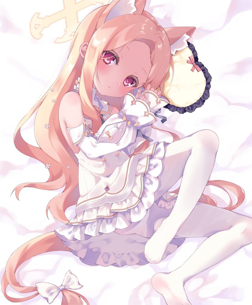 1girl, :/, absurdly_long_hair, animal_ear_fluff, animal_ears, blonde_hair, blue_archive, blue_necktie