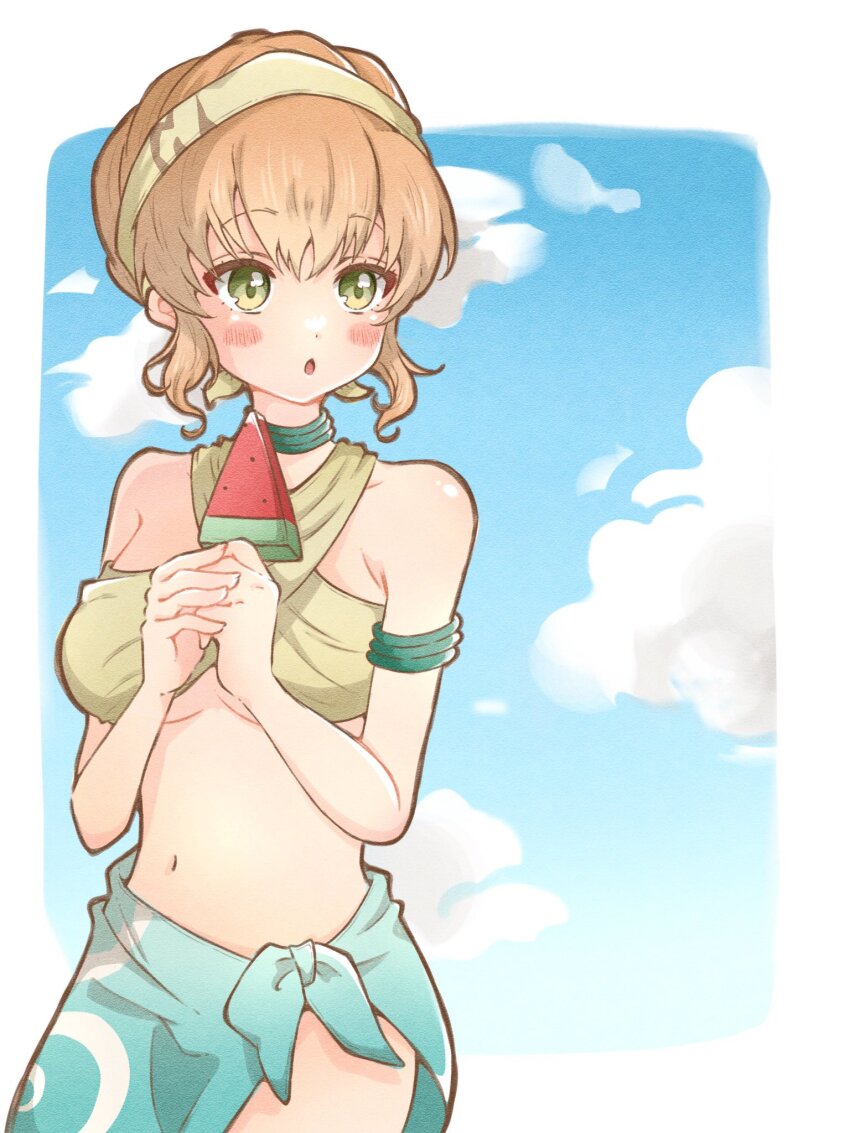 1girl, :o, armlet, armpit_crease, blonde_hair, blue_sky, blush, breasts