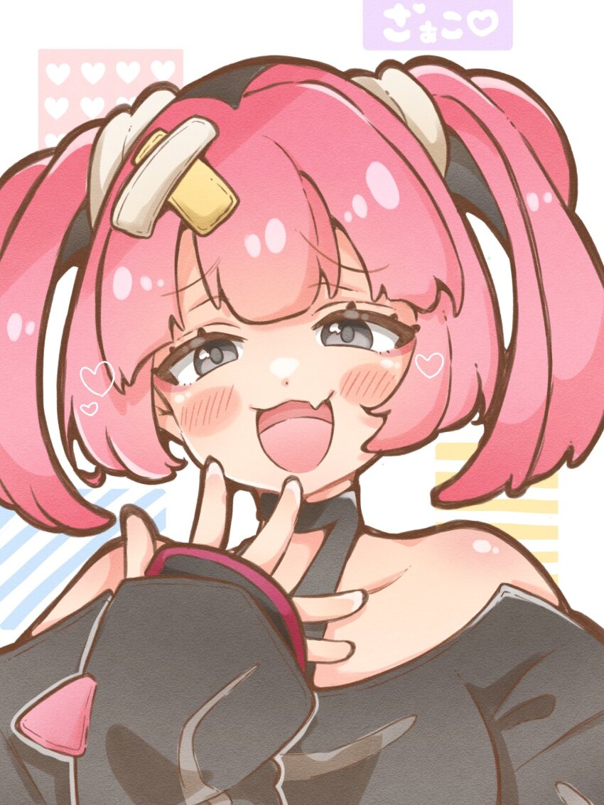 1girl, center-flap_bangs, commentary_request, coral_(pokemon), dot_nose, eyelashes, fang, furrowed_brow, grey_eyes, heart, highres, kazunokoumaa_(mymyabyss), nintendo, open_mouth, pink_hair, pokemon, pokemon_(anime), pokemon_horizons, short_hair, skin_fang, smile, smug, solo, twintails, upper_body