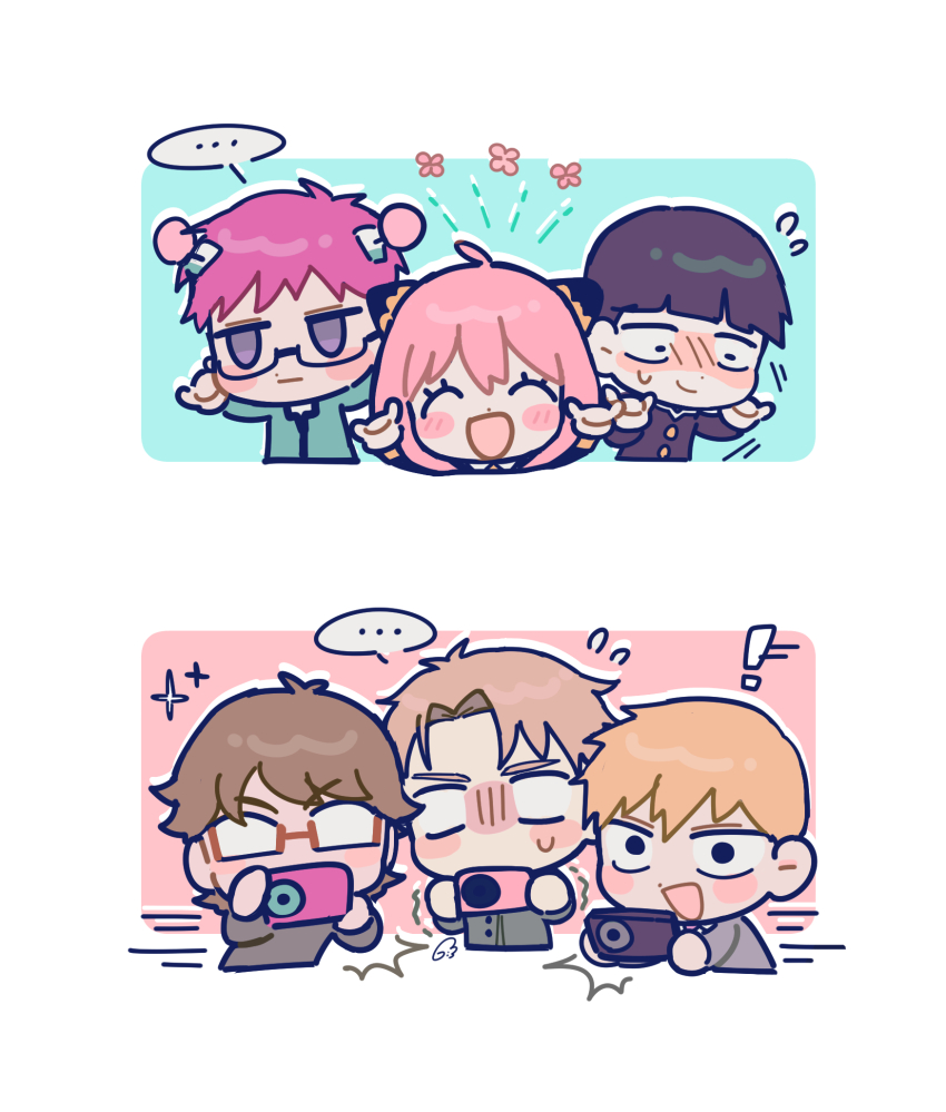 ..., 1girl, 5boys, anya_(spy_x_family), black_hair, blonde_hair, blush, bowl_cut