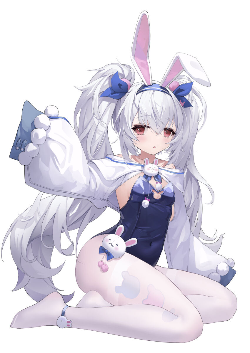 1girl, :o, absurdres, animal_ear_hairband, animal_ears, azur_lane, blue_hairband, blue_leotard, breasts, brooch, chinese_commentary, commentary, fake_animal_ears, fengxue, full_body, hairband, highres, jewelry, laffey_(azur_lane), laffey_ii_(azur_lane), laffey_ii_(sleepy_on_a_busy_day)_(azur_lane), leotard, long_hair, looking_at_viewer, no_shoes, official_alternate_costume, pantyhose, playboy_bunny, rabbit_brooch, rabbit_ears, rabbit_o-ring, red_eyes, seiza, sitting, small_breasts, solo, thighband_pantyhose, twintails, white_background, white_hair, white_pantyhose