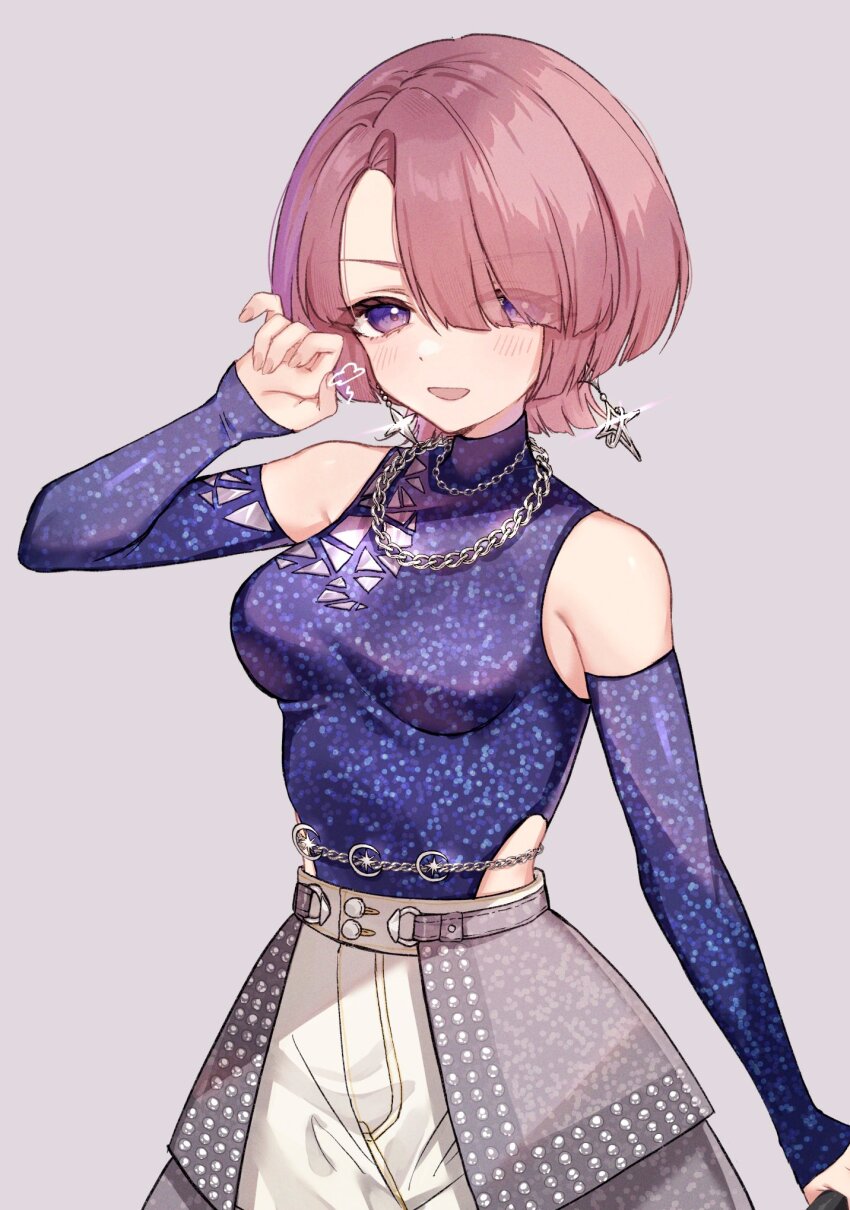 1girl, arimura_mao, asymmetrical_bangs, belly_chain, blush, breasts, chain, chain_necklace