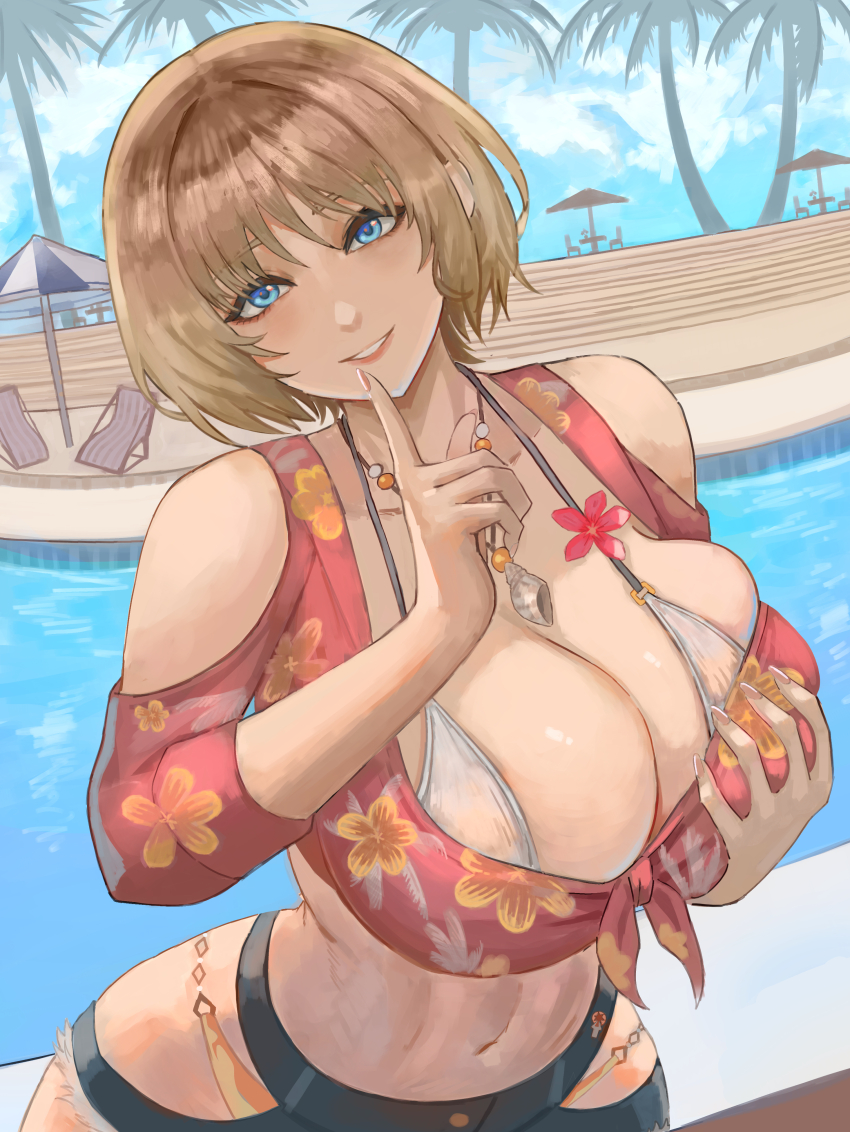 1girl, absurdres, blonde_hair, blue_eyes, breasts, clothing_cutout, day, dead_or_alive, dead_or_alive_xtreme, floral_print, flower_ornament, grabbing_own_breast, highres, hip_vent, index_finger_raised, jewelry, large_breasts, looking_at_viewer, meg_(doa), necklace, palm_tree, pool, short_hair, shorts, sky, smile, solo, tree, voidmakerz, water