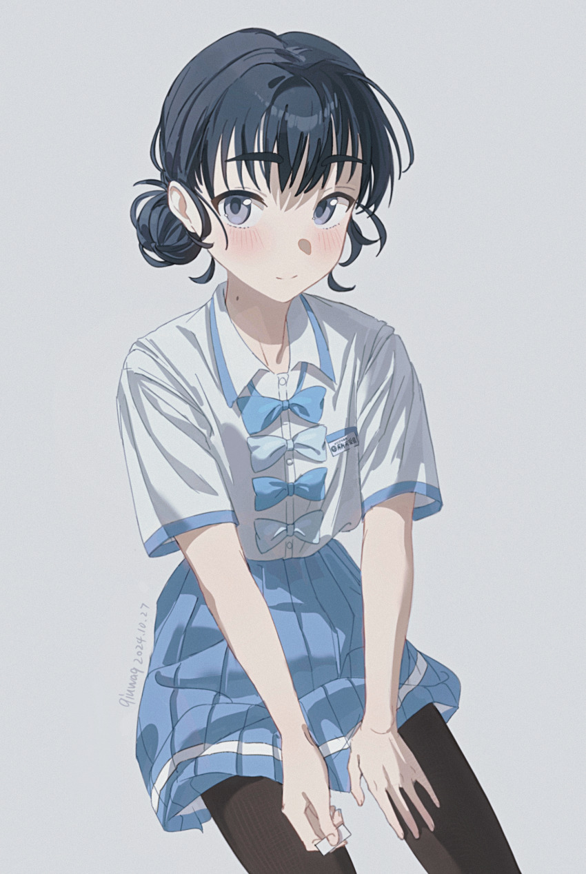 1girl, absurdres, artist_name, basori_tiara, black_hair, black_pantyhose, blue_bow, blue_bowtie, blush, bow, bowtie, dated, grey_eyes, highres, make_heroine_ga_oo_sugiru!, mole, mole_on_neck, pantyhose, qiuwaq, school_uniform, shirt, short_hair, short_sleeves, simple_background, solo, white_bow, white_shirt