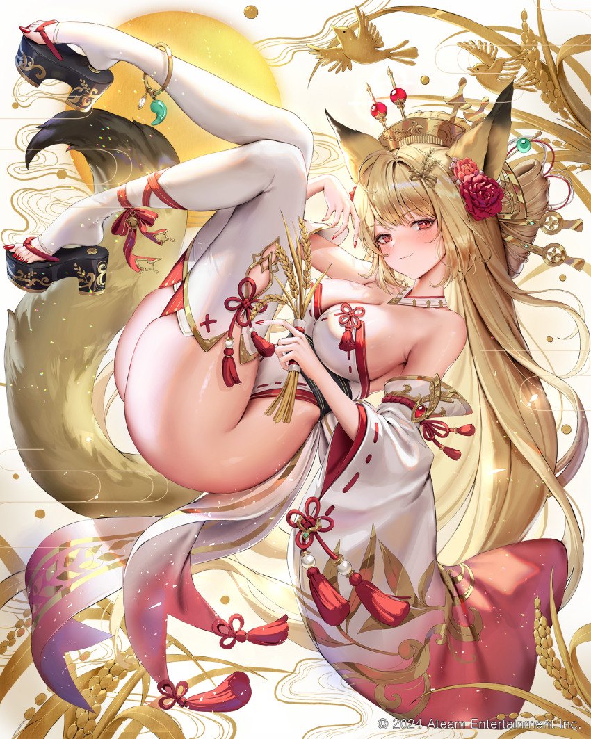 1girl, animal_ears, anklet, bird, blonde_hair, blush, comb, copyright_notice, detached_sleeves, flower, fox_ears, fox_girl, fox_tail, gold_anklet, hair_flower, hair_ornament, hairpin, highres, holding_wheat, jademoon, jewelry, leggings, light_smile, looking_at_viewer, magatama, midair, multiple_hairpins, orange_eyes, original, platform_clogs, platform_footwear, red_flower, sandals, sangoku_taisen_smash!, tail, tassel, thighs, wheat, white_background