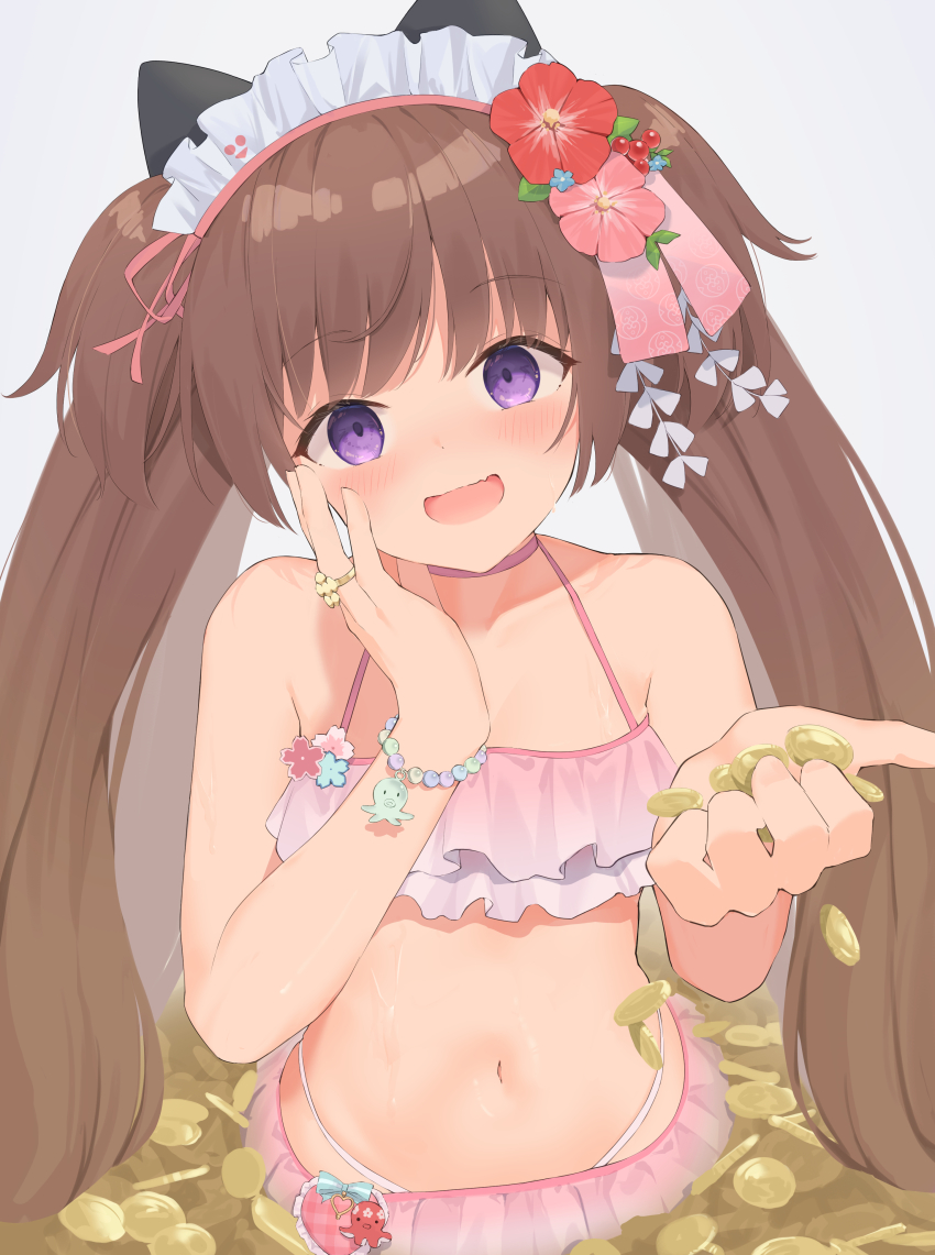 1girl, :d, absurdres, bare_shoulders, bead_bracelet, beads, bikini, blue_archive, blush, bracelet, breasts, brown_hair, choker, coin, collarbone, commentary_request, fang, flower, frilled_bikini, frills, grey_hair, hair_flower, hair_ornament, hair_ribbon, halterneck, hand_on_own_cheek, hand_on_own_face, hands_up, happy, head_tilt, highres, holding, holding_money, hotarihotaru, jewelry, kanzashi, long_hair, looking_at_viewer, maid_headdress, money, navel, open_mouth, pink_bikini, pink_choker, pink_flower, pink_ribbon, purple_eyes, red_flower, ribbon, ring, shizuko_(blue_archive), shizuko_(swimsuit)_(blue_archive), simple_background, skin_fang, small_breasts, smile, solo, stomach, swimsuit, twintails, two_side_up, upper_body, very_long_hair, wet