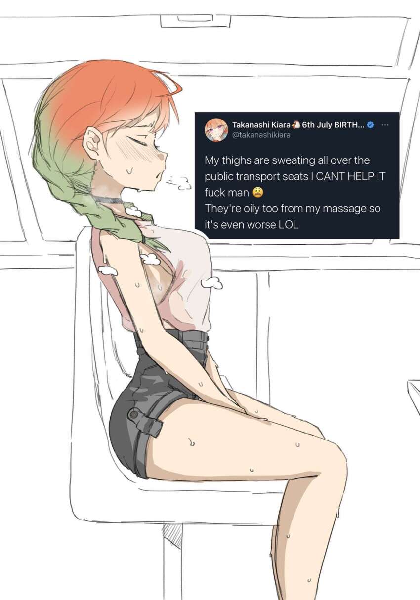 1girl, ahoge, braid, breasts, choker, closed_eyes, gradient_hair, green_hair, high-waist_shorts, highres, hololive, hololive_english, long_hair, medium_breasts, multicolored_hair, non-web_source, orange_hair, shorts, sitting, steam, steaming_body, sweat, takanashi_kiara, tank_top, tweet, twin_braids, virtual_youtuber, white_background, zlix0n