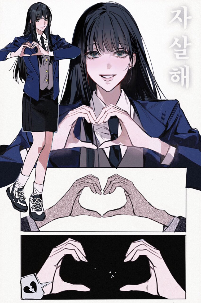 1girl, aged_down, black_hair, black_necktie, black_skirt, blue_jacket, broken_heart, broken_heart_hands