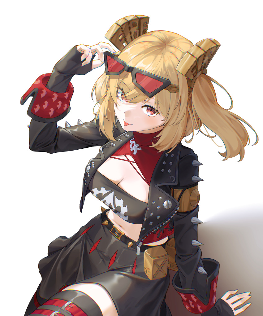 1girl, :p, absurdres, belt, black_jacket, black_skirt, blonde_hair, breasts