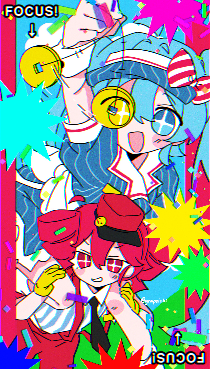 +_+, 2girls, antenna_hair, apron, blue_hair, blue_sky, blush, bow