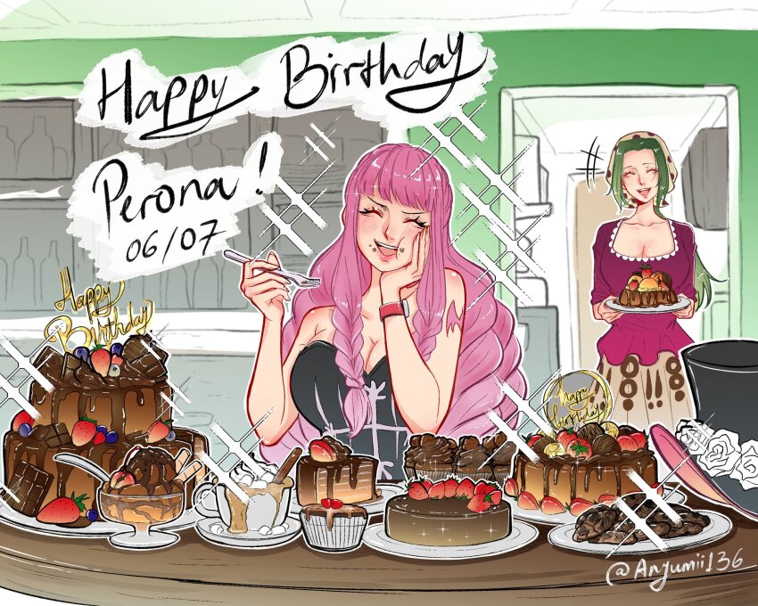 2girls, ^_^, anyumii136, arm_tattoo, black_dress, blunt_bangs, braid, cake