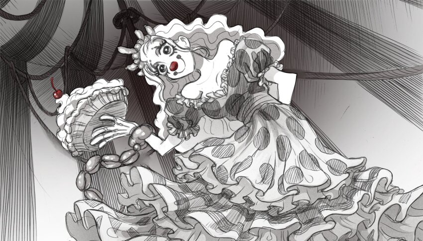 1girl, abby_howard, arm_behind_back, balloon, bare_shoulders, breasts, cherry, clown, clown_nose, dress, food, frilled_dress, frills, fruit, highres, long_dress, long_hair, looking_at_viewer, monochrome, pie, princess, princess_(slay_the_princess), puffy_short_sleeves, puffy_sleeves, red_nose, short_sleeves, slay_the_princess, smile, solo, spots, tiara, wavy_hair, white_hair
