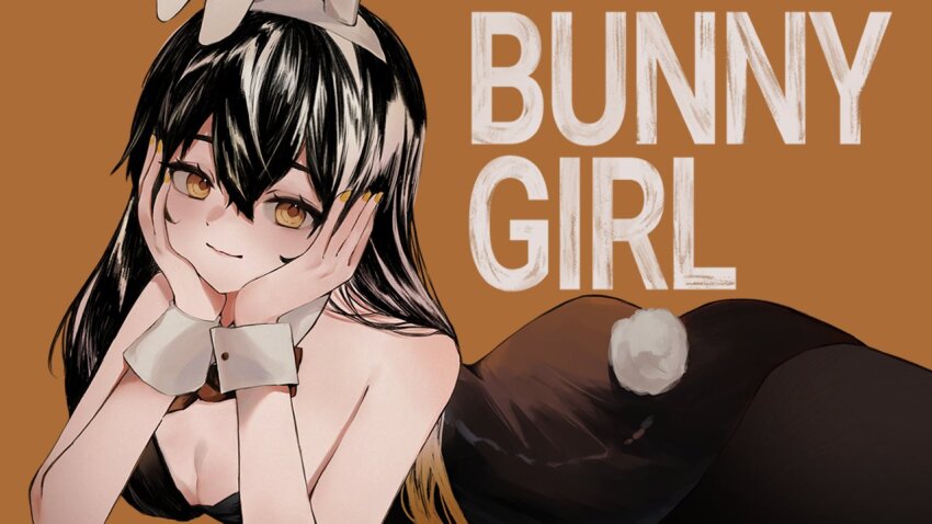 1girl, animal_ear_hairband, animal_ears, black_hair, black_leotard, black_pantyhose, breasts, brown_background