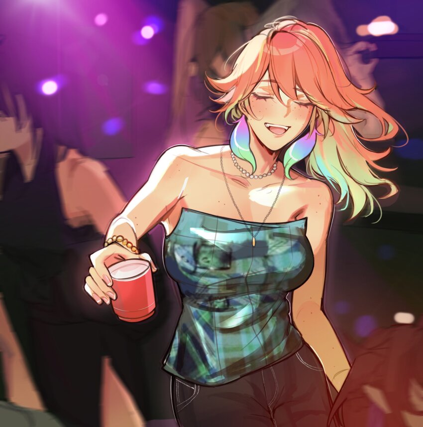 1girl, alternate_costume, amlichan, bare_shoulders, black_pants, blurry, blurry_background, bracelet