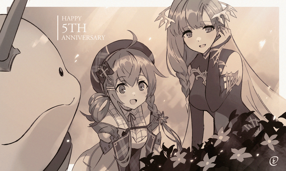 2girls, :d, ahoge, anniversary, bent_over, braid, dress, floating_headgear