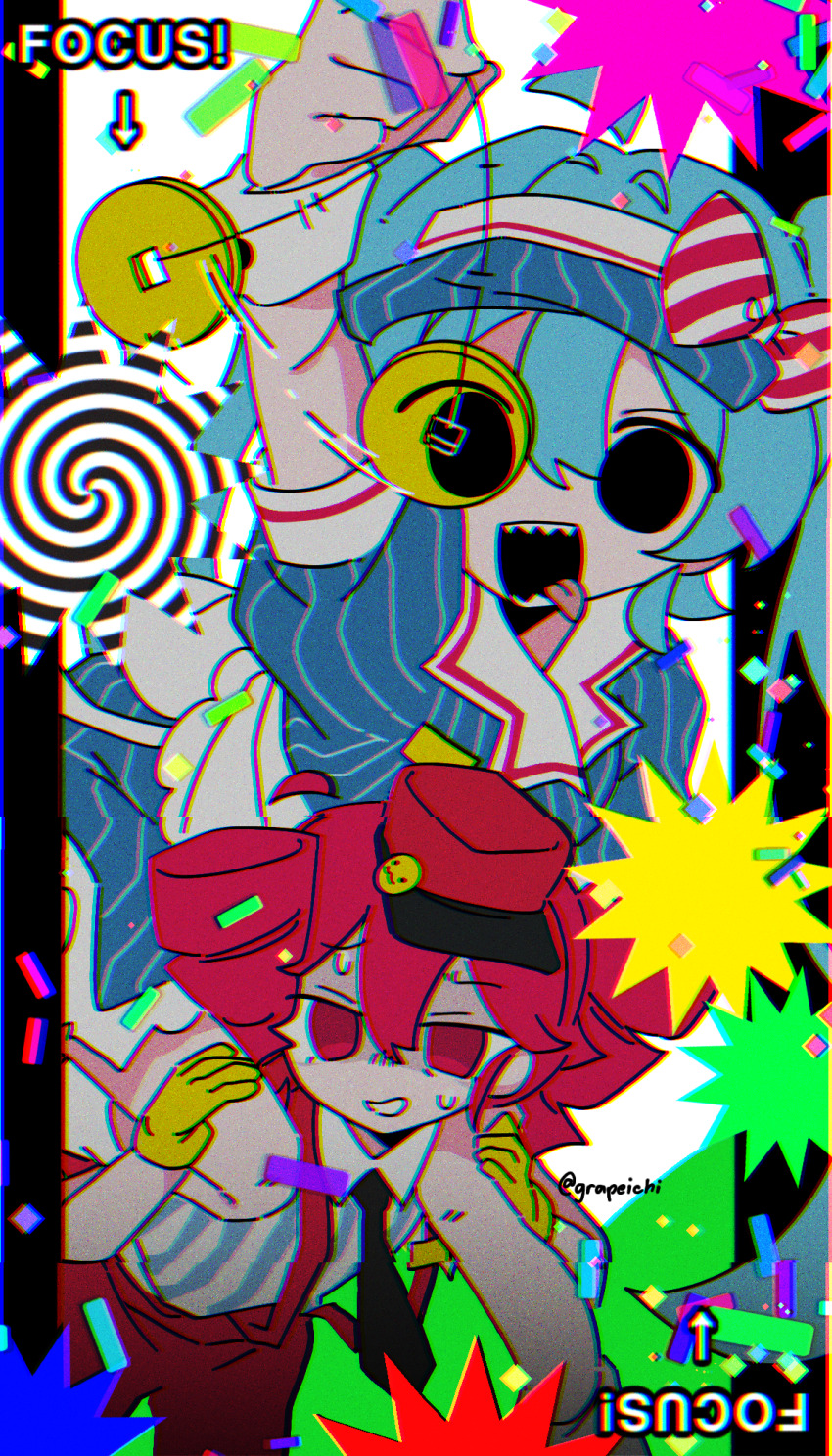 2girls, apron, arm_up, black_necktie, blue_hair, bow, carrying, clenched_teeth