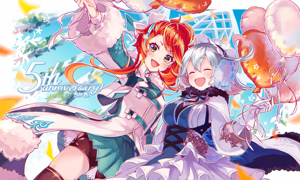 2girls, :d, ^_^, ahoge, anniversary, artist_name, balloon, blue_sky