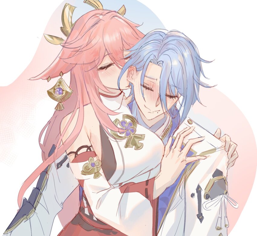 1boy, 1girl, animal_ears, armor, bare_shoulders, blue_hair, blush, closed_eyes