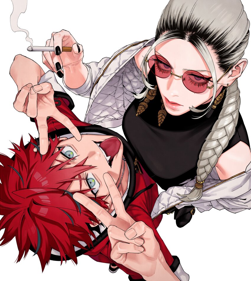 1boy, 1girl, absurdres, alma_(gokurakugai), blue_eyes, braid, braided_ponytail, breasts