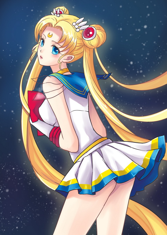 1990s_(style), 1girl, ayase1124, bare_legs, bishoujo_senshi_sailor_moon, blonde_hair, blue_eyes, blue_sailor_collar, blush, bow, choker, crescent, crescent_facial_mark, double_bun, elbow_gloves, facial_mark, female_focus, forehead_mark, gloves, hair_bun, hair_ornament, hairclip, jewelry, long_hair, looking_at_viewer, looking_back, magical_girl, miniskirt, multicolored_skirt, neck, pleated_skirt, red_bow, retro_artstyle, sailor_collar, sailor_moon, see-through_clothes, see-through_sleeves, skirt, sky, solo, star_(sky), starry_sky, super_sailor_moon, tsukino_usagi, twintails, very_long_hair, white_gloves, yellow_choker