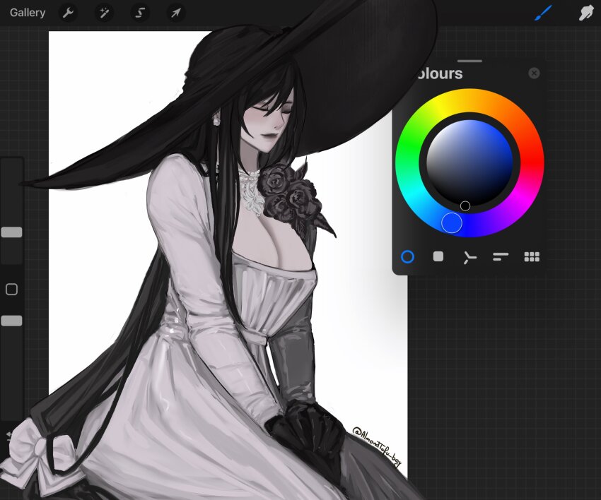 absurdres, alcina_dimitrescu, alcina_dimitrescu_(cosplay), almondtofu_boy, art_program_in_frame, black_gloves, black_hair, black_lips