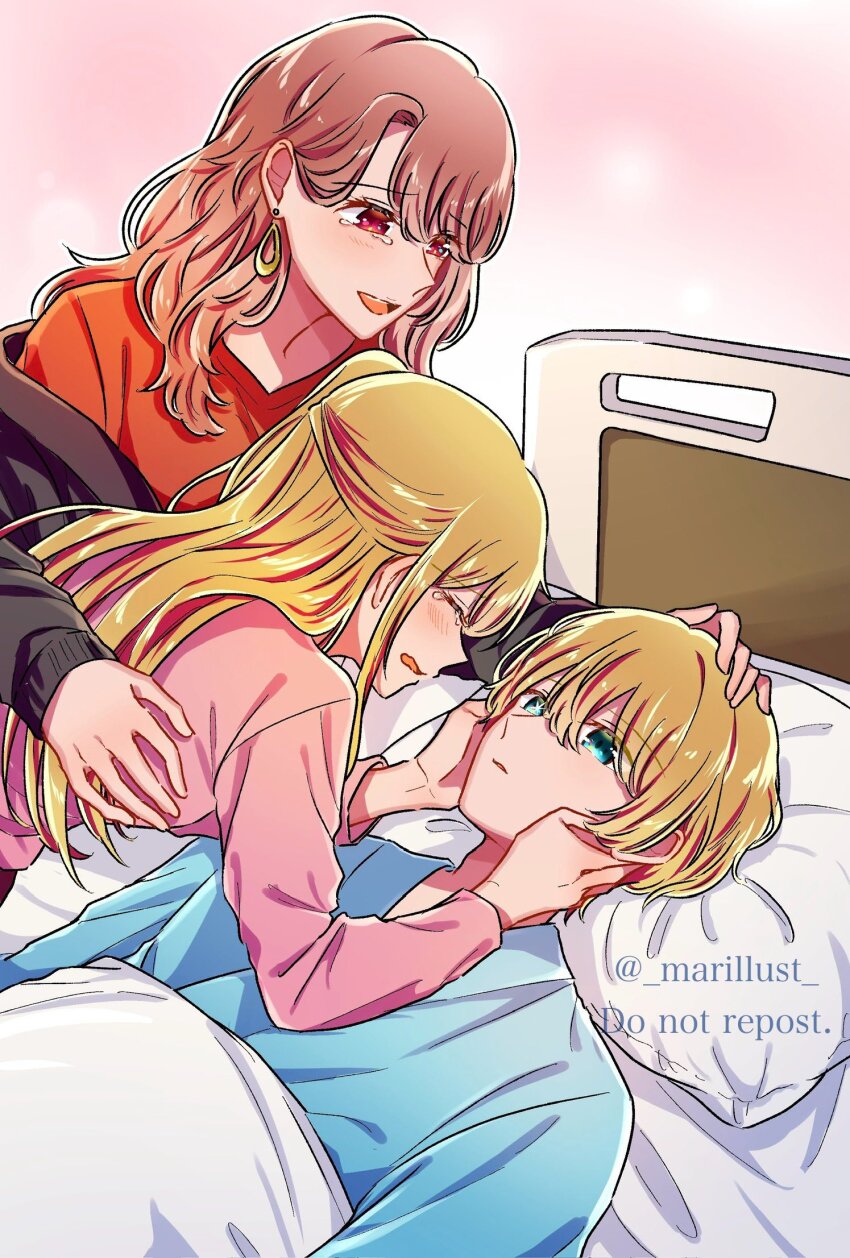 1boy, 2girls, :d, adoptive_parent_and_adoptive_child, bed, black_jacket, blonde_hair, blue_eyes
